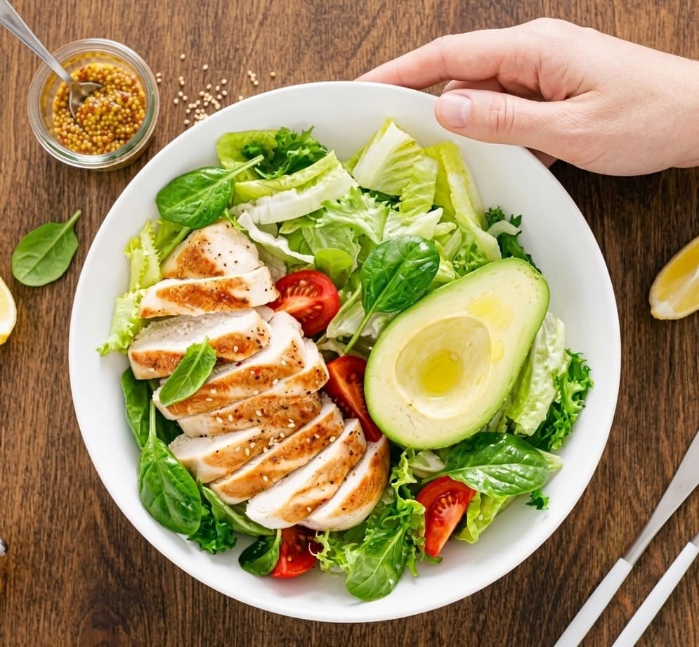 Foto del plato analizado: ensalada de pollo a la plancha con aguacate, tomate cherry y hojas verdes